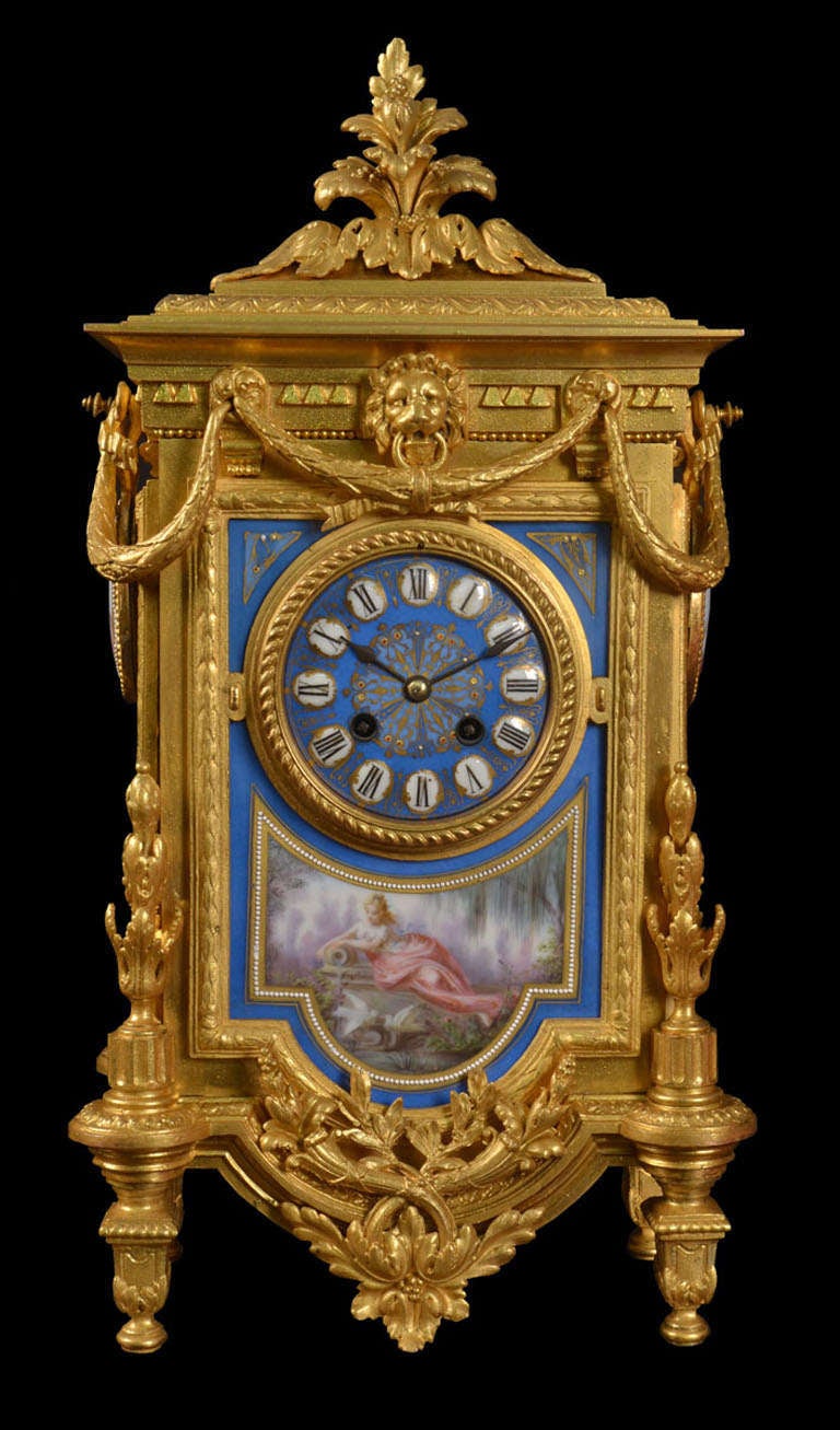 Louis XIV French Gilt Metal and Porcelain Mantle Clock