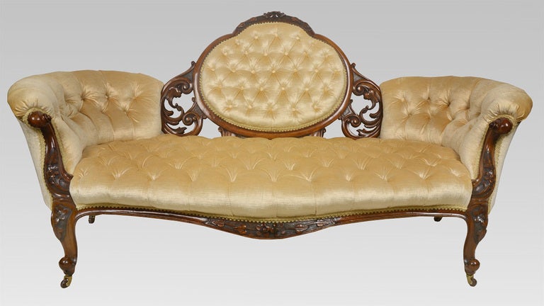 Victorian carved walnut cameo back settee the show framed back, with deep buttoned caramel velvet upholstery, the shaped arms above cabriole front supports terminating in brass ceramic castors
Dimensions
Height 36 Inches height to seat 16