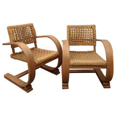 1970s Pair of Curved Wood and Rope Armchairs