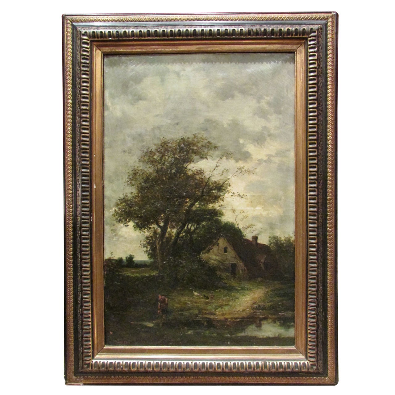 19th Century Painting Oil on Canvas Barbizon School Signed French Pastoral Scenery For Sale