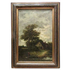 19th Century Painting Oil on Canvas Barbizon School Signed French Pastoral Scenery