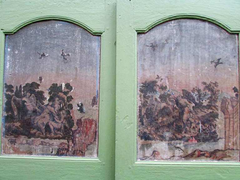 18th century pair of louis XIV pine doors decorated with painted gravures of the same period In Fair Condition For Sale In Lyon, RH-Alps