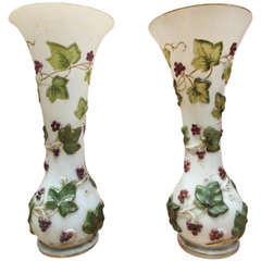 1870's napoleon III pair of high milky opaline carved vases berry and ivy