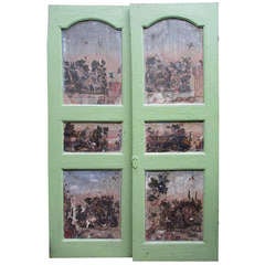 18th century pair of louis XIV pine doors decorated with painted gravures of the same period