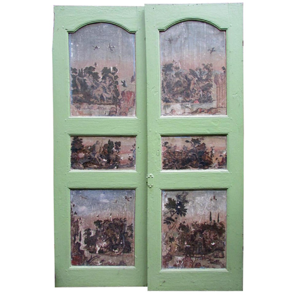 18th century pair of louis XIV pine doors decorated with painted gravures of the same period For Sale