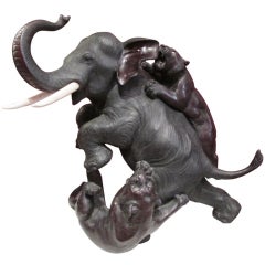 Antique 19th Century Japanese Sculpture Bronze Elephant Tigers Two Patina Sulfide Eyes