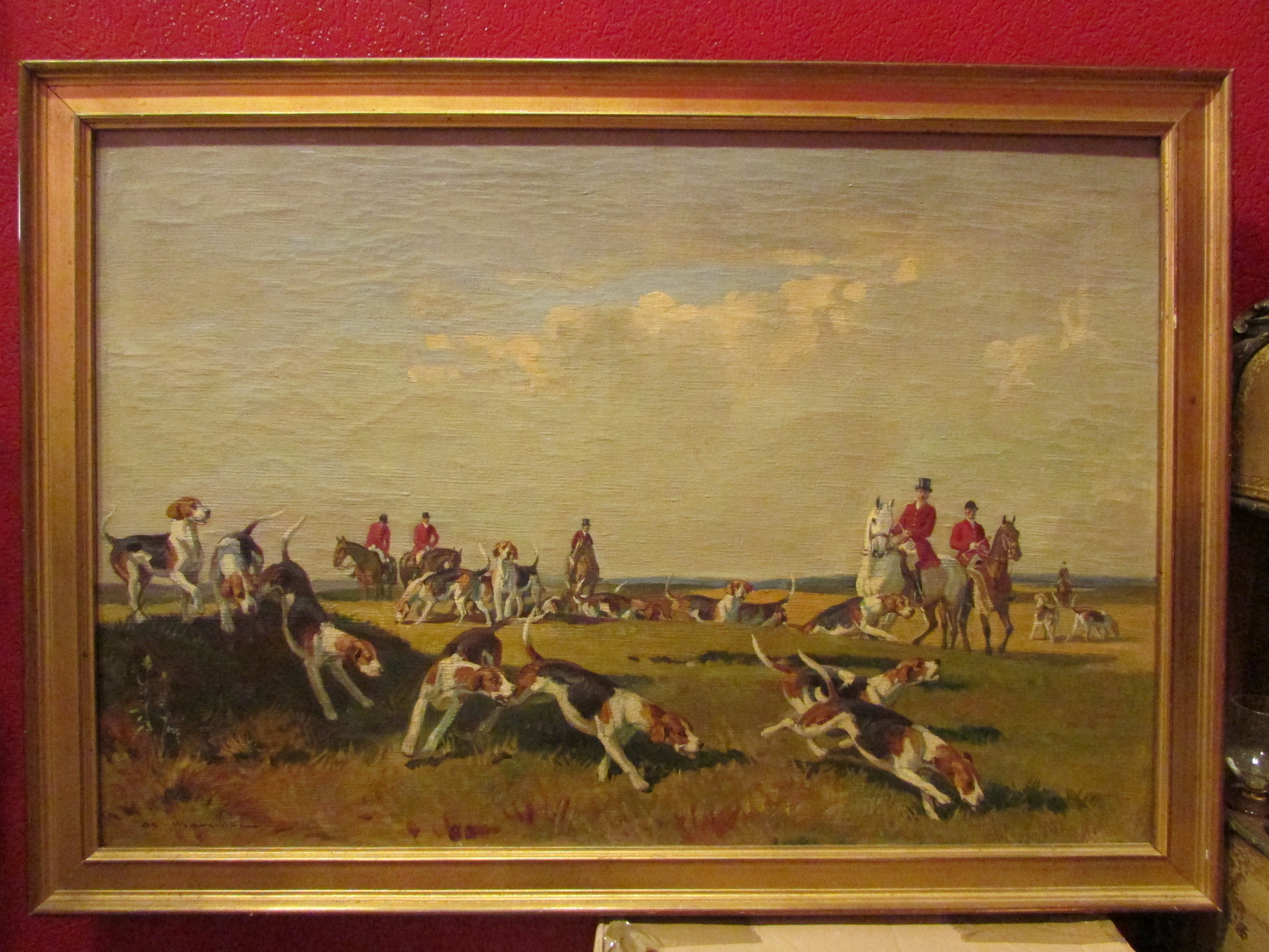 original oil on canvas XIX th fox hunting dogs and horses signed de marcillac For Sale