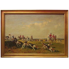 original oil on canvas XIX th fox hunting dogs and horses signed de marcillac