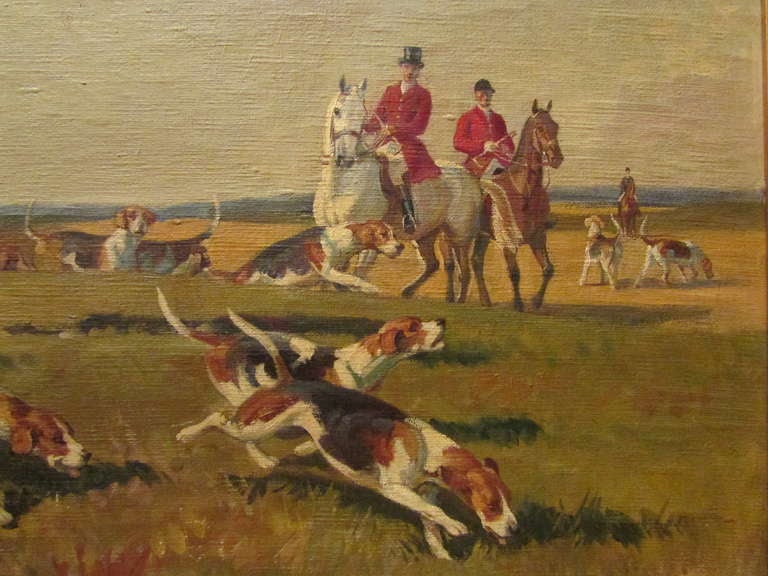 French original oil on canvas XIX th fox hunting dogs and horses signed de marcillac For Sale