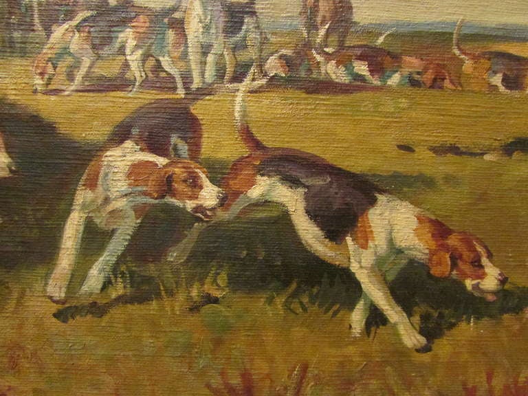 original oil on canvas XIX th fox hunting dogs and horses signed de marcillac In Excellent Condition For Sale In Lyon, RH-Alps