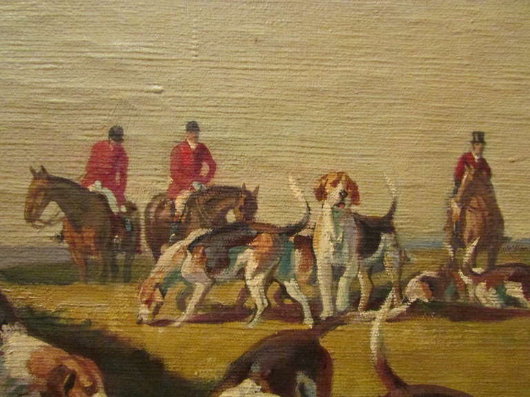 Canvas original oil on canvas XIX th fox hunting dogs and horses signed de marcillac For Sale