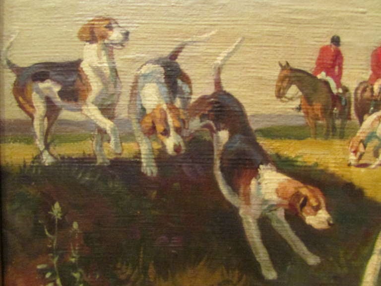 original oil on canvas XIX th fox hunting dogs and horses signed de marcillac For Sale 1