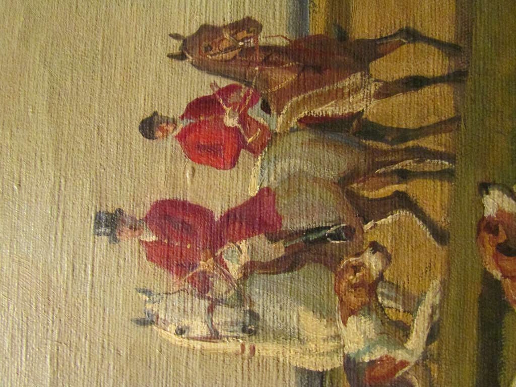 19th Century original oil on canvas XIX th fox hunting dogs and horses signed de marcillac For Sale