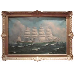 Antique early XXth painting oil on canvas marine five masted ships signed meulande