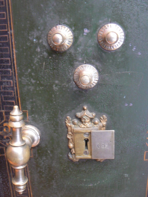 colonial two-door iron safe 
19th century
was manufactured in Portugal for its colonies ( Brazil, Africa )
the original exterior patine was saved
the keys and the secret code are available
the top and the base are in pine wood painted black
If