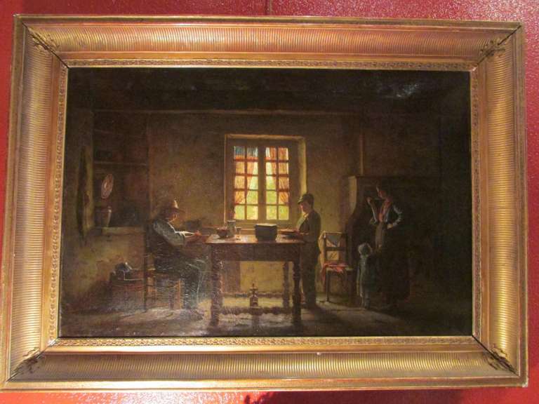 19th century french painting oil on canvas by Bail dated 1860 farm interior