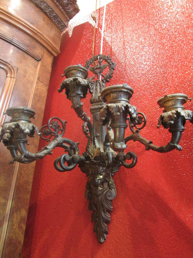 19th century Empire style wall lamp sconce bronze medal patina lion mask
