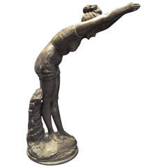 19th Century Bronze Statue Sculpture Signed Tabacchi Italian Diver Tuffolina Swimmer