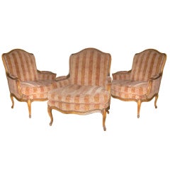 3 Large Moulded Armchairs / Bergeres Louis XV Style Beech Wood