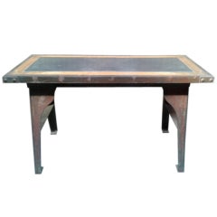 industrial oak desk table with red patina and slate rivets