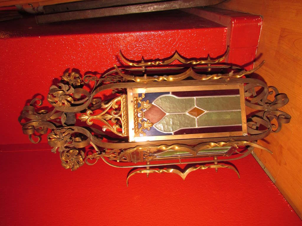 19th Century Gothic Style Brass Lantern Chandelier Stained Glass