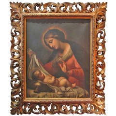 19th Century Italian School Painting Nativity Madonna Oil On Canvas 