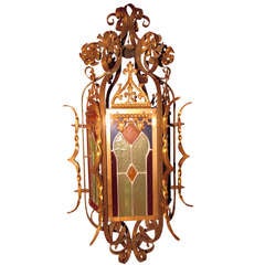 19th Century Gothic Style Brass Lantern Chandelier Stained Glass 