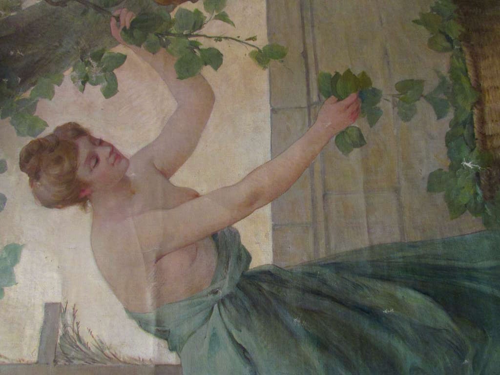 oil on canvas art nouveau bardey silk cocoon picking paneling lyon manufacture
