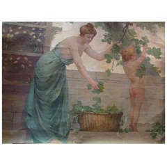 oil on canvas art nouveau bardey silk cocoon picking paneling lyon manufacture  