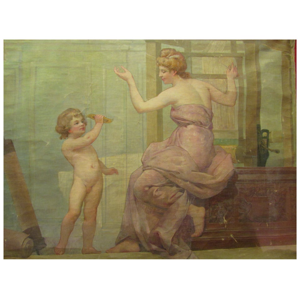 RARE oil on canvas art nouveau bardey silk weaving paneling lyon manufacture For Sale