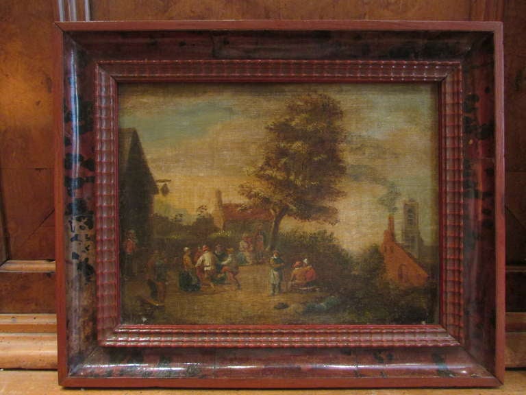 end of XVII th century 
oil on canvas stick on panel
flemish school
representing a  villager dance scene 
in a modern wood and tortoise scale frame