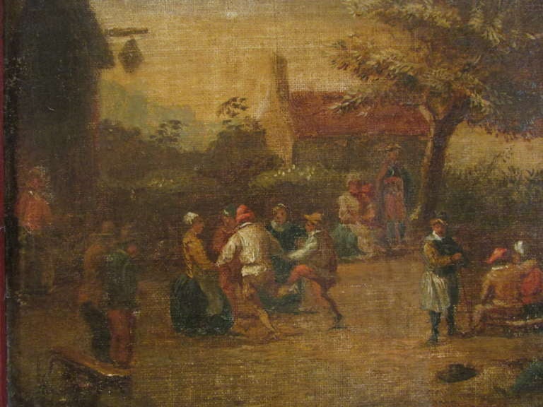 Arts and Crafts XVII th century oil on canvas stick on panel flemish school villager dance scene For Sale