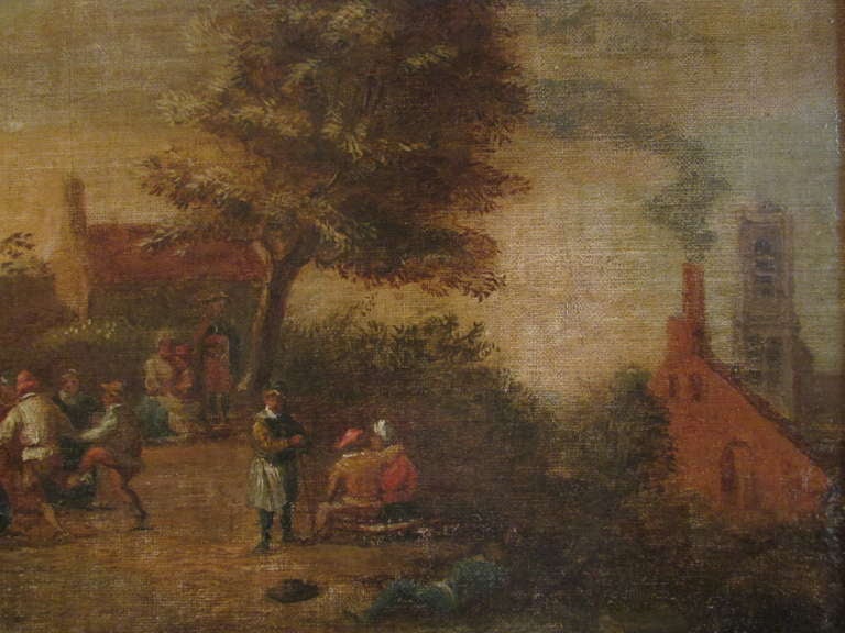 Belgian XVII th century oil on canvas stick on panel flemish school villager dance scene For Sale