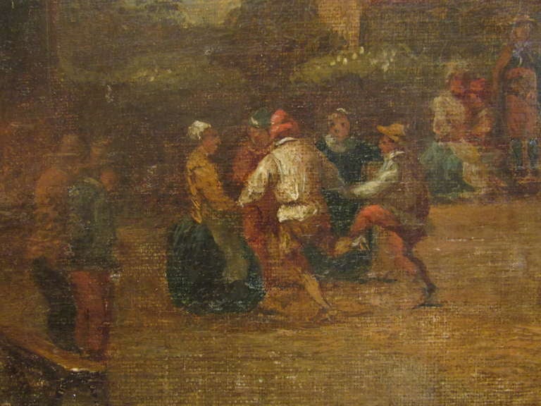 XVII th century oil on canvas stick on panel flemish school villager dance scene In Excellent Condition For Sale In Lyon, RH-Alps