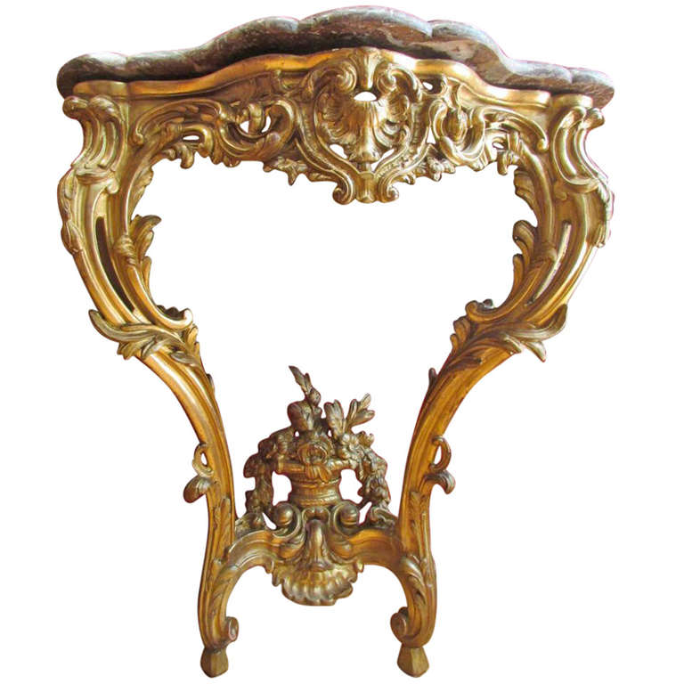 19th Napoleon III, Louis XV Style, Red Marble Console Table in Carved Giltwood 