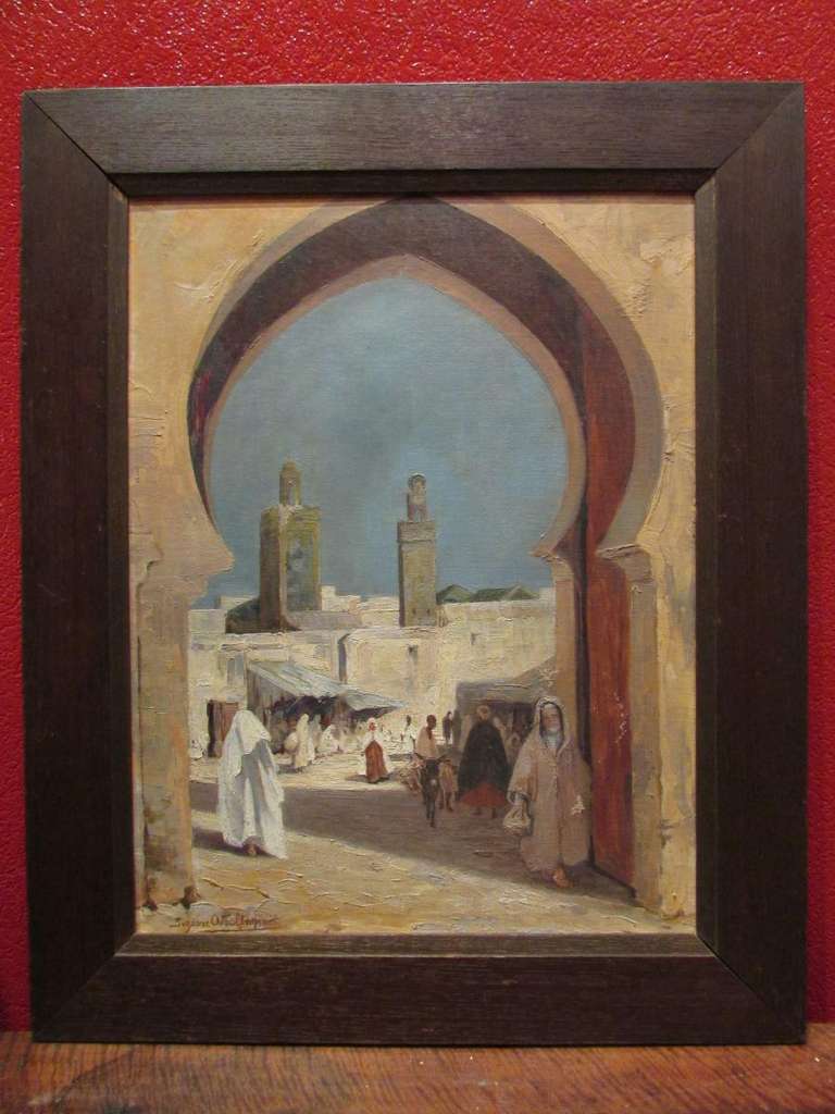 20th century orientalist painting, circa 1930<br />
Oil on canvas <br />
Fes door in Maroc<br />
Signed Suzanne Odoul Duquint<br />
Three little wears on the canvas ( photo )<br />
Dimensions are without the frame