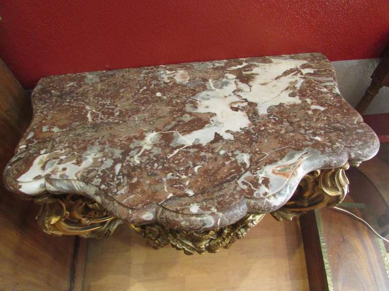 19th Century 19th Napoleon III, Louis XV Style, Red Marble Console Table in Carved Giltwood 