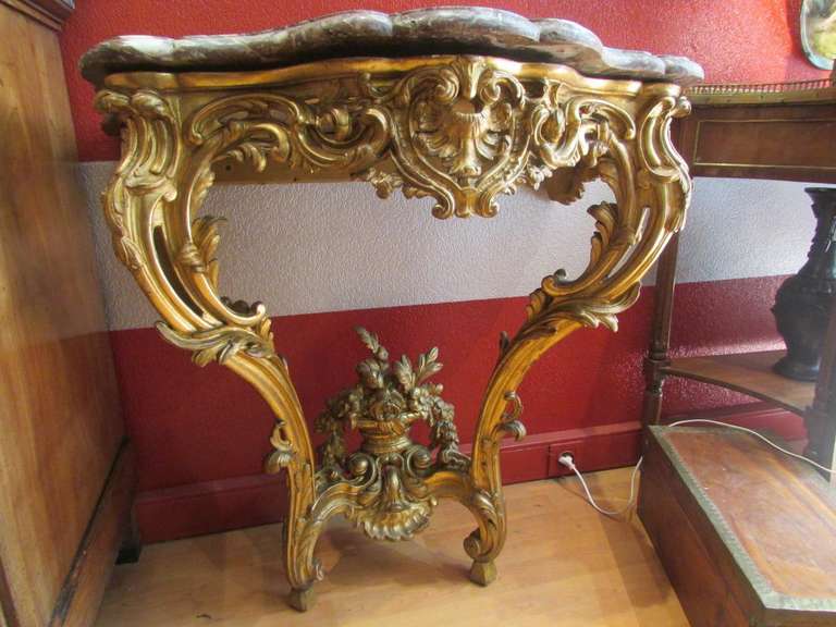 19th Napoleon III, Louis XV Style, Red Marble Console Table in Carved Giltwood  2