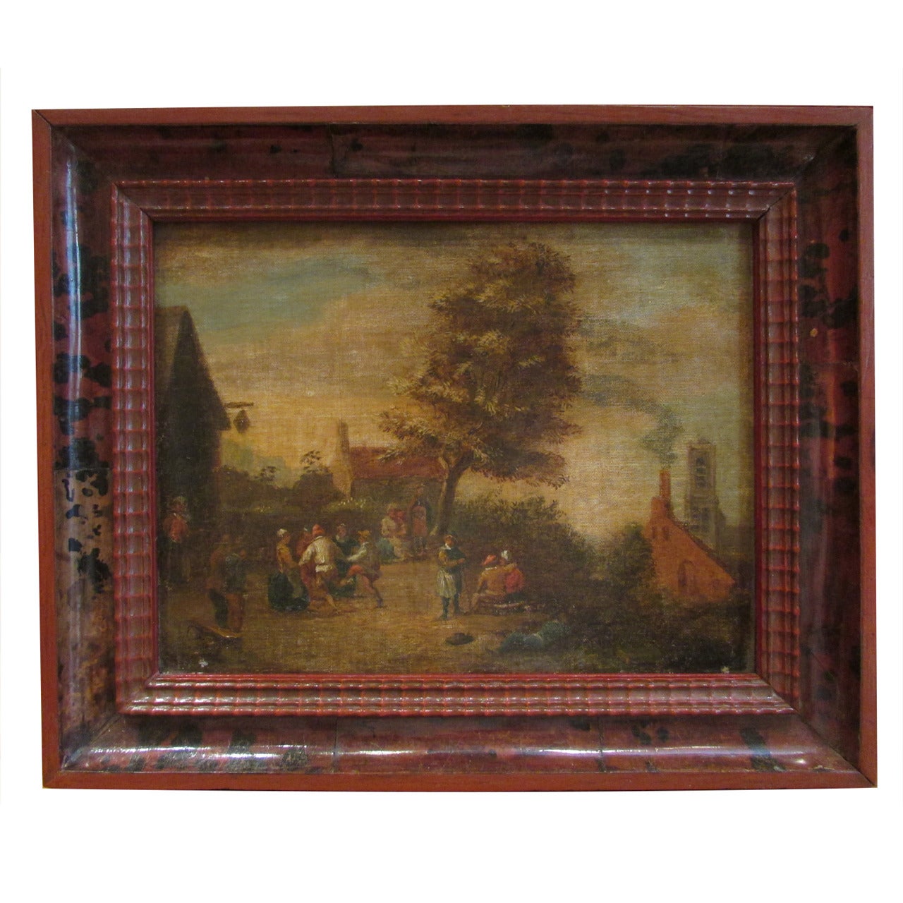 XVII th century oil on canvas stick on panel flemish school villager dance scene For Sale