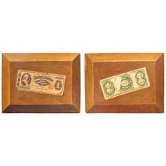 RARE pair of two oil on canvas victor dubreuil one dollar notes trompe l'oeil