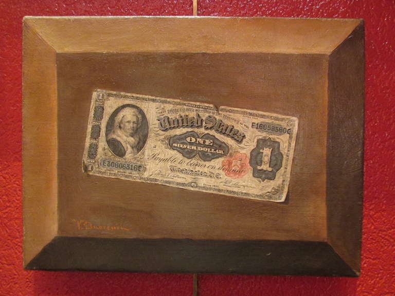 RARE pair of two oil on canvas victor dubreuil one dollar notes trompe l'oeil