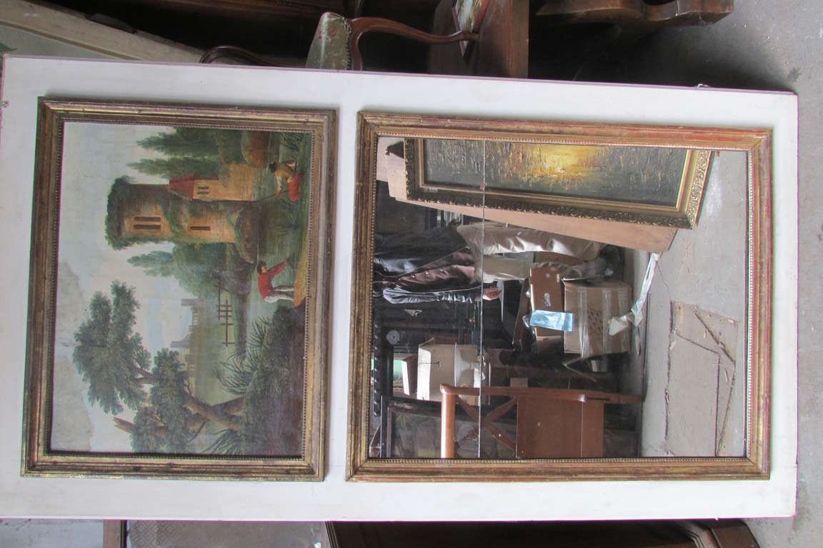 18th century
 louis XVI
 trumeau mirror 
oil on canvas and gilt wood 
it seems that this trumeau has been shrunked in the width
the white part has been painted at the begining of the 20th century