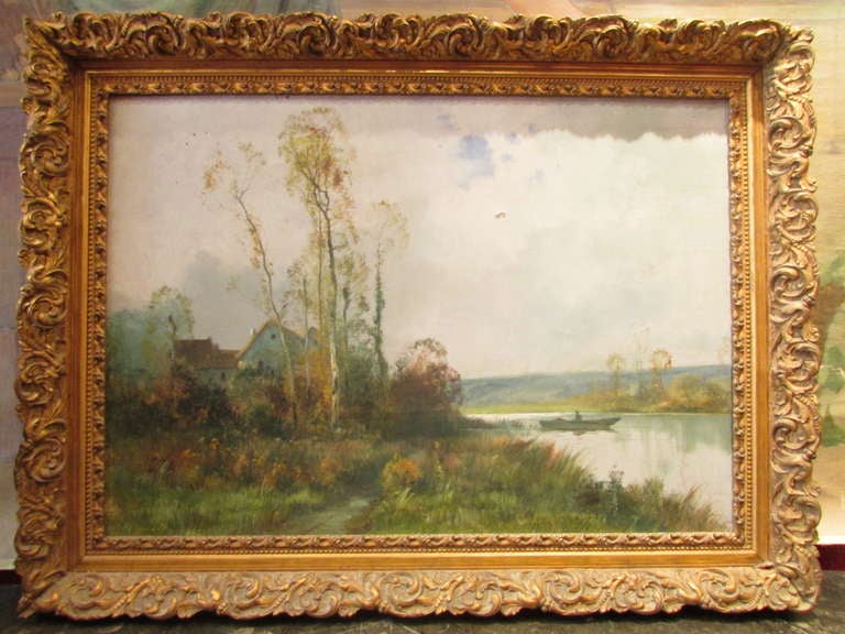big painting
oil on canvas 
barbizon school
signed cippriany
farm and river 
signed cippriany and dated 19047