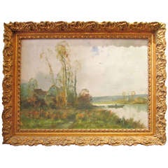 1904 Big Painting Oil On Canvas Barbizon Signed Cippriany Farm And River