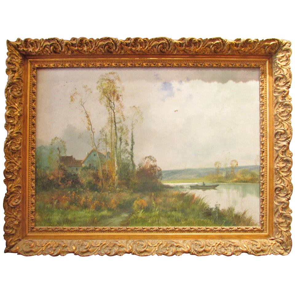 1904 Big Painting Oil On Canvas Barbizon Signed Cippriany Farm And River For Sale