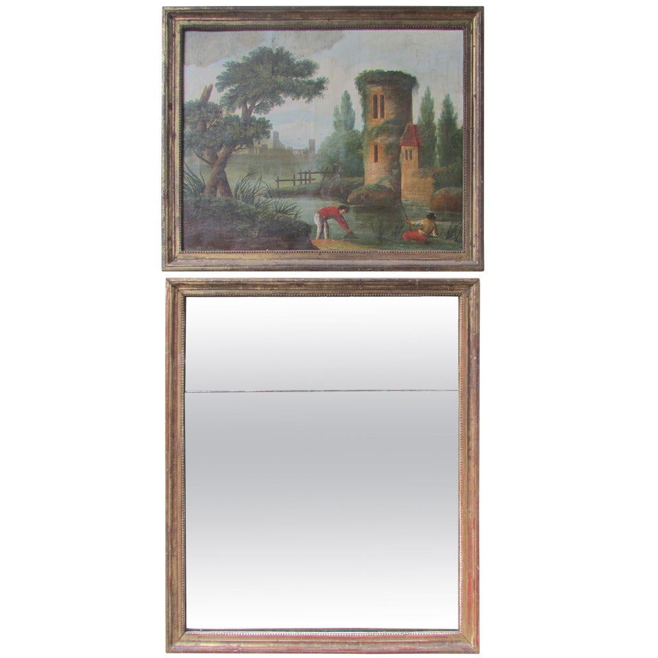 18th Century Louis Xvi Trumeau Mirror Oil On Canvas Gilt Wood For Sale