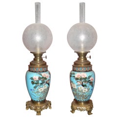 1880's Pair Gilded Compartmentalized Japanese Asiatic Oil Lamp