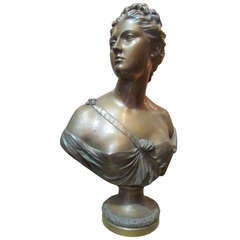 Antique 19th Century Metal Patina Bronze Bust Houdon Representing Diane on Swing Pedestal