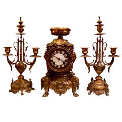 1890's Mantel Clock and Gilded Bronze Candlesticks Louis XIV Style
