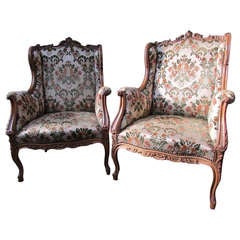 Antique 1900's Pair Of Louis Xv Bergeres Wing Chairs Walnut Wood Armchairs